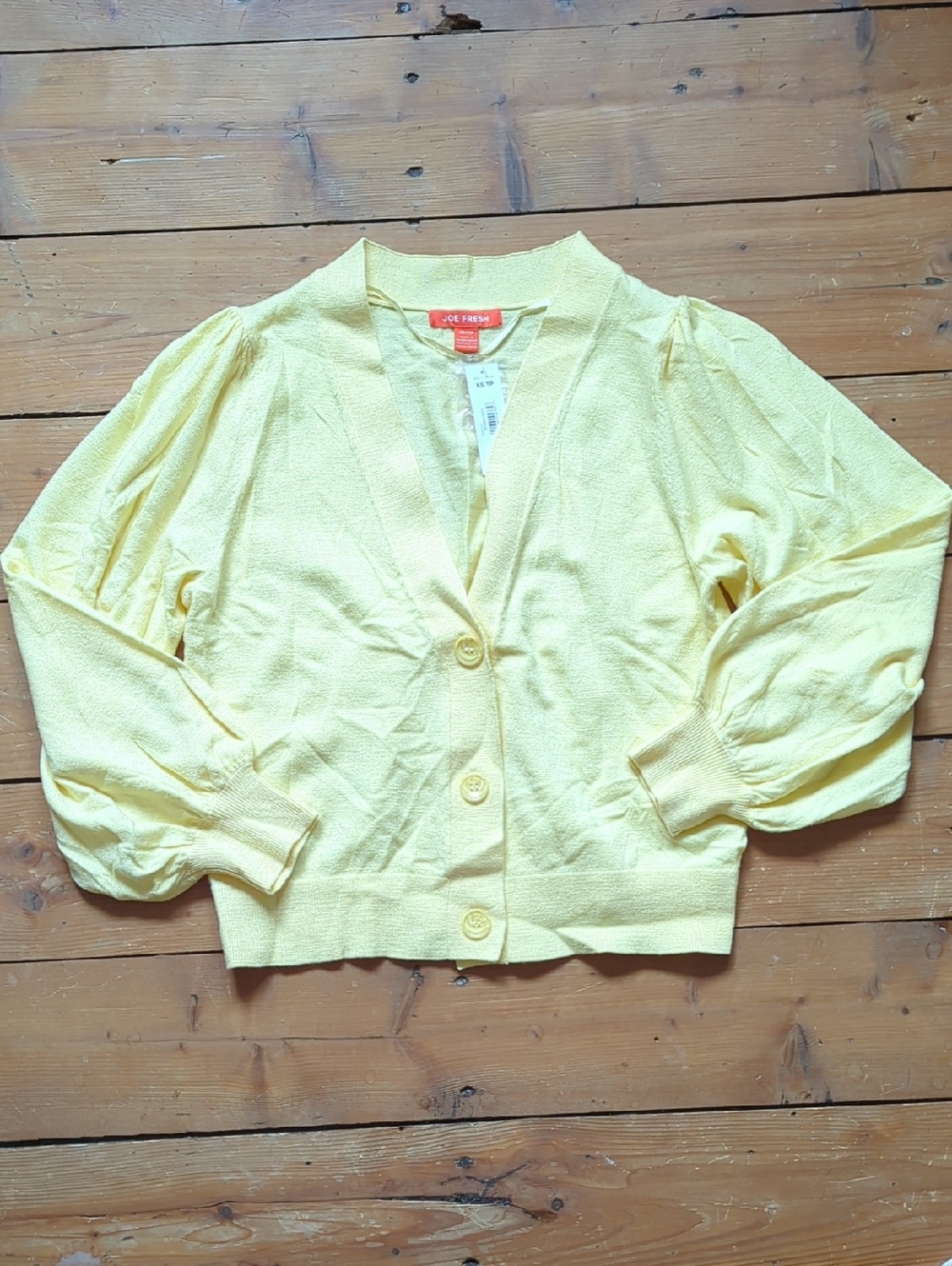 307-**NWT**Joe Fresh Pale Yellow Button-Front Puff Sleeve Cardigan